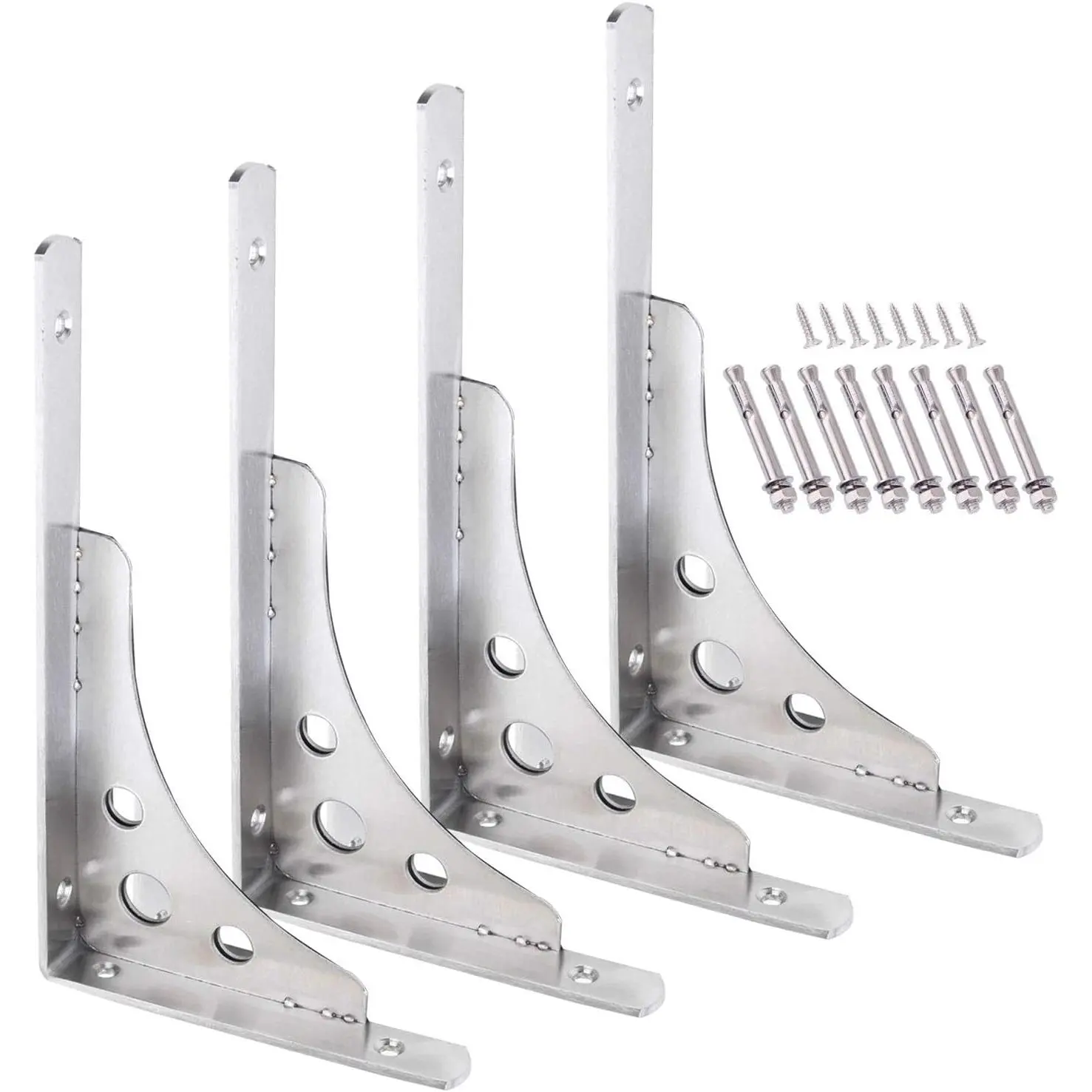 4-Piece 12-Inch Heavy-Duty L-Shape Wall-Mount Floating Shelf Brackets, 4mm Thick Stainless Steel Triangle-Shape Supporters with Free Screw Accessories