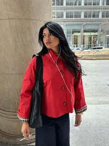 French Vintage Plaid Workwear Short Jacket for Women, Turned-Up Sleeve Loose Fit Shoulder Pad Simple Commuter Versatile Short Coat