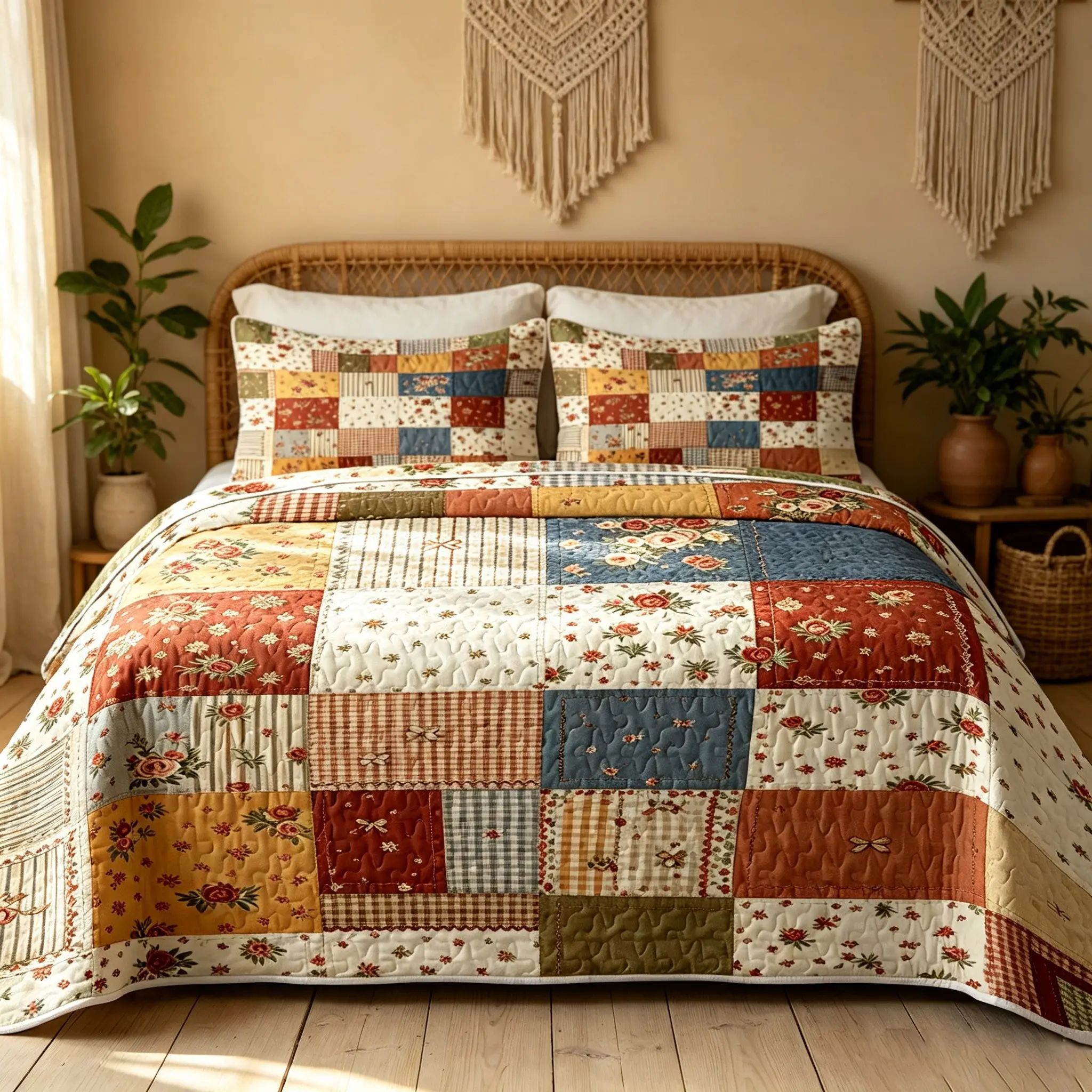 3-Piece American-Style Patchwork Quilted Bedding Set, Vintage Floral Patchwork Bedding, Machine-Washable Reversible Bedspread, Matching Pillowcases, Comforter Not Included, Suitable for All Seasons, Vintage-Style Home Bedroom Set