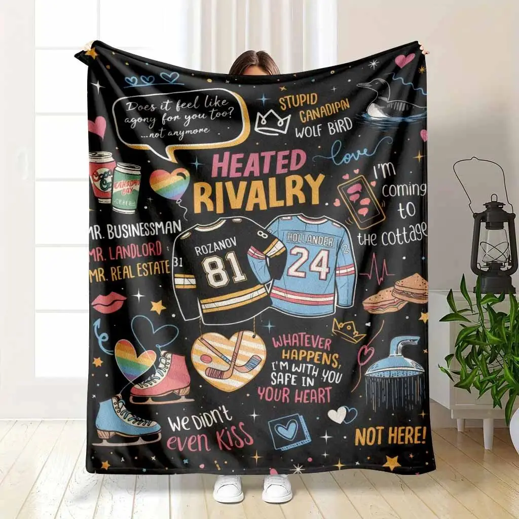 Heated Rivalry Flannel Blanket, cooling blankets cooling blanket blankets quince bedding, Hockey Romance Quote & Colorful Heart Art Print Soft Warm Cozy Lightweight Decorative Throw for Bedroom Living Room Sofa Reading Corner Office Lounge Book Lover Gift