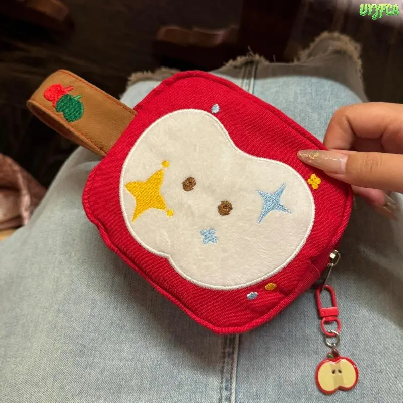 Flocked Embroidered Apple Shaped Canvas Coin Purse For Women Girls, Mini Wristlet Pouch With Detachable Apple Keychain Charm, Small Portable Bag For Digital Camera Lipstick Earphone Coins Travel Daily Makeup Storage Birthday Gift,4th of julydecor
