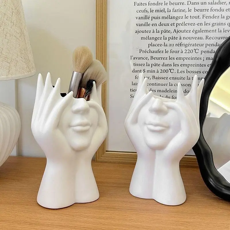 Cosmetic Organizer, Beauty Organizer, Resin Makeup Brush Holder, Beauty Organizer Box, Bohemian Face Hand Design, Lightweight, Vanity, Ideal for Bathroom, Home, Desk Display