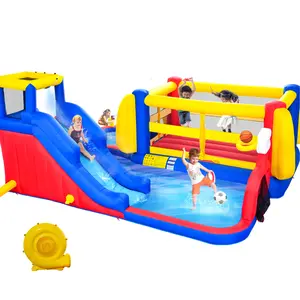 7 In1 Inflatable Slide Water Park With Deep Water Pool Basketball Hoop Football Gate Water Cannon Climb Wall Bounce House For Kids