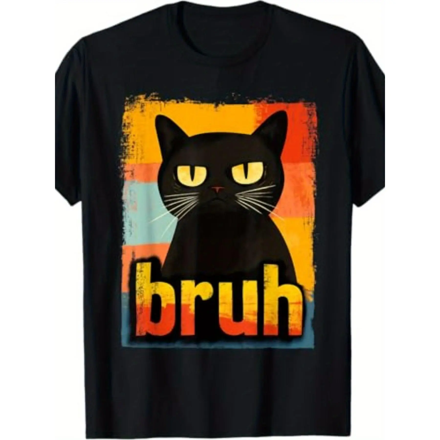 Funny Cat Bruh Meme Graphic T-Shirt for Teens Boys Men - 100% Crew Neck Short Sleeve Tee, Regular Fit Casual Top with Slight Stretch, Vibrant Colorful Design, All-Season Comfort, Everyday