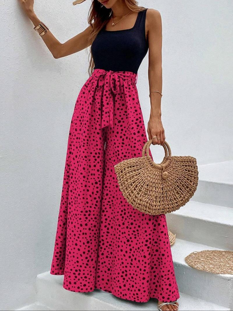 Women's Leopard Print Belted Wide Leg Jumpsuit, Casual Sleeveless Jumpsuit for Summer, Women's Jumpsuit for Daily Wear