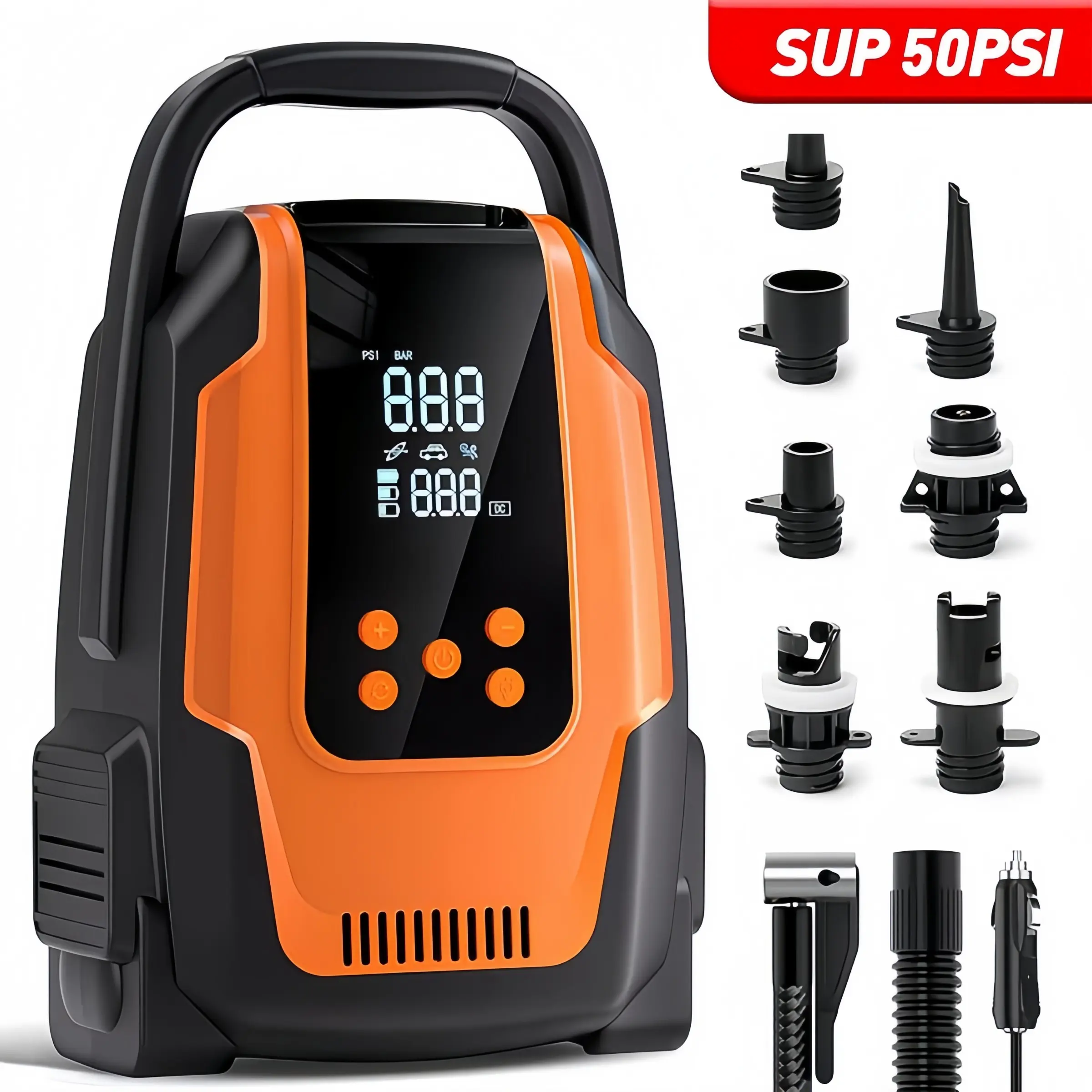 50 Psi Stand-Up Paddle Board Air Pump, 12V Car Dc Interface, Smart Dual-Level Inflation, Auto Shut Off, Ideal for Boats, Kayaks, Floats, Tents, Car Tires