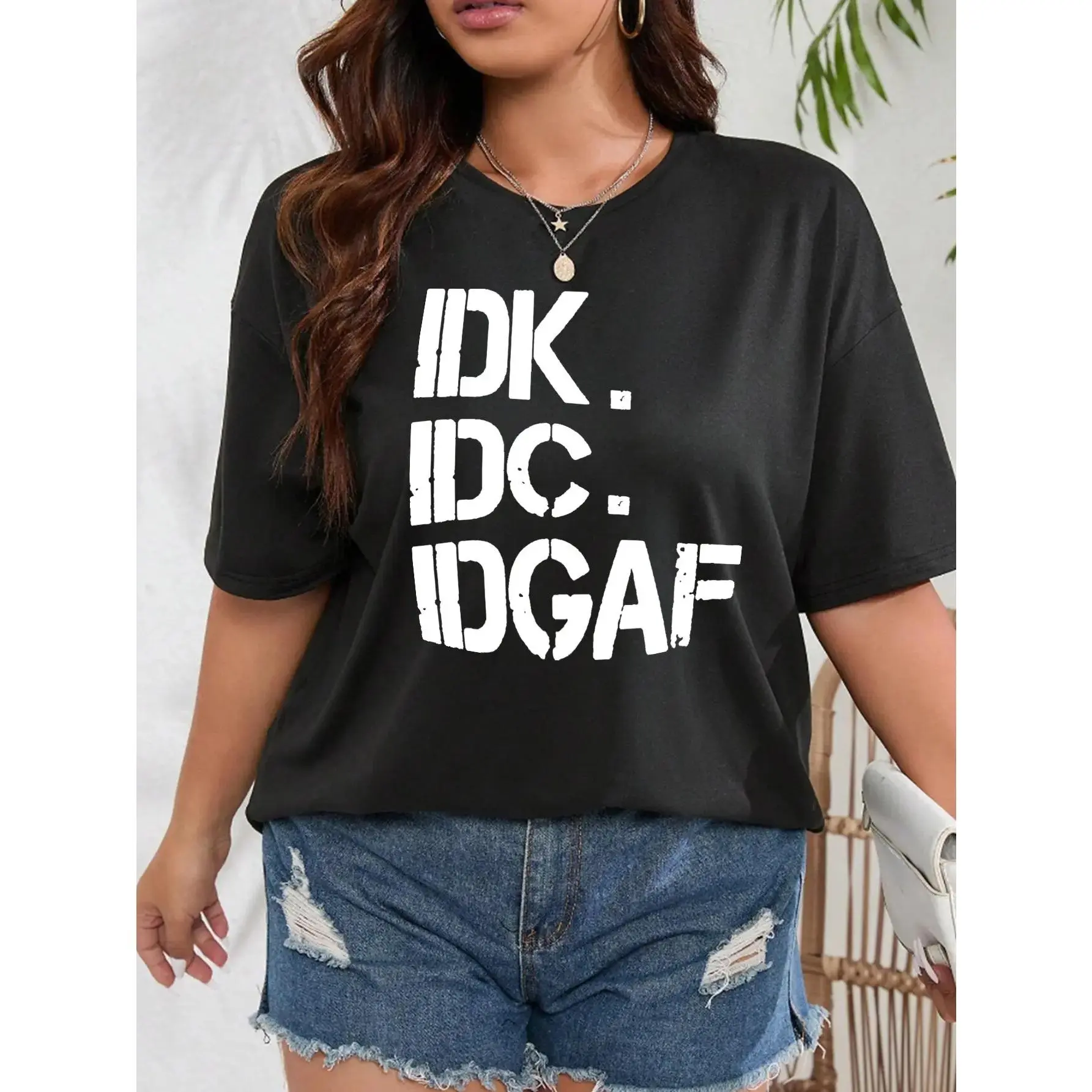 IDK.IDC.IDGAF Letter Print Plus Size Womens Tee |   Crew Neck Short Sleeve, Spring Summer Daily & Shopping Outfit