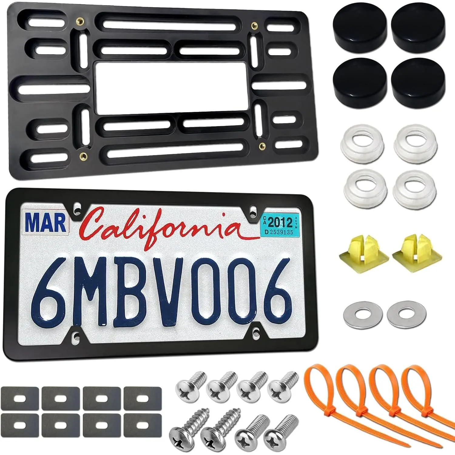 Universal Front License Plate Mounting Kit with Bumper Plate Bracket Holder, 2 Drill Hole Adapter, Matte Black Aluminum Car Tag Frame, Screw Bolt Caps Included
