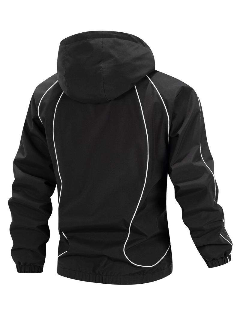 Men's solid color waterproof and windproof drawstring zipper hooded jacket, trendy striped print casual long-sleeved jacket with zipper pockets, suitable for outdoor activities, all year round.