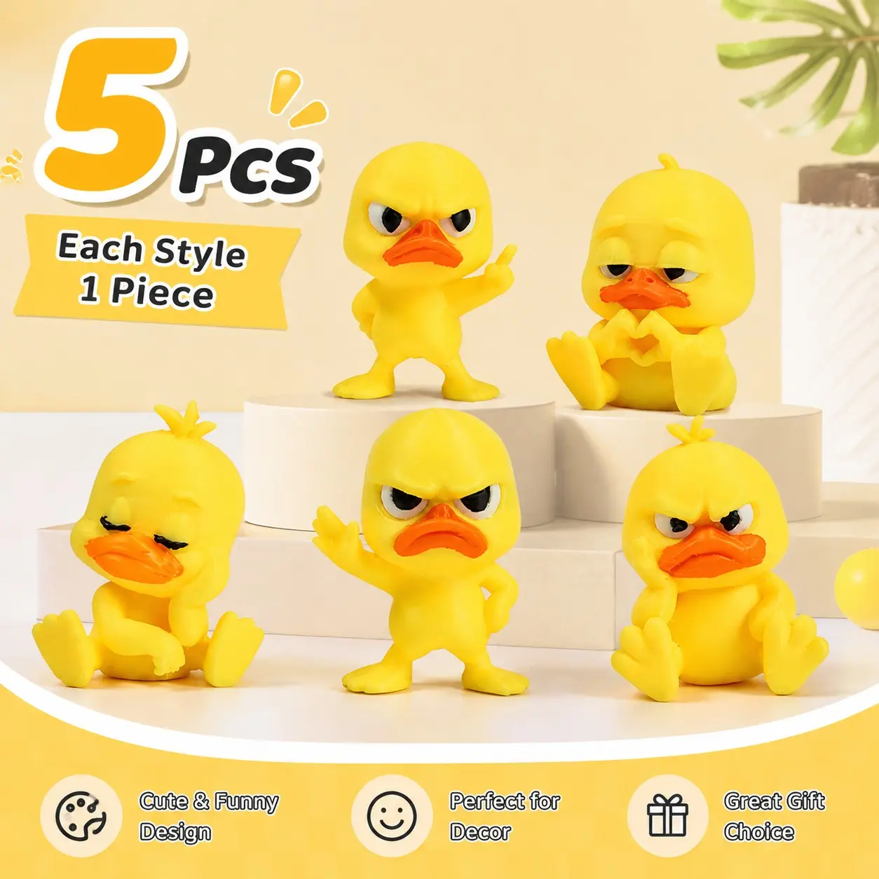 5 Pcs Funny Expressions 3D Printed Duck Decorative Figurines, Cute 3D Duck Ornaments for Desk and Car Decoration, Cute Desktop Decoration