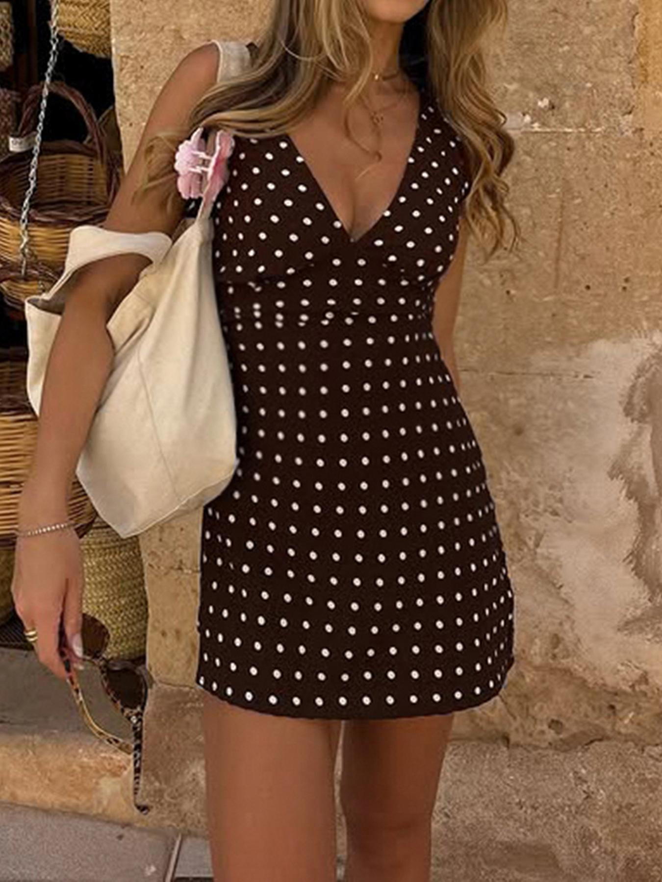 Women's Polka Dot Print V Neck Dress, Casual Sleeveless Short Dresses for Summer, Ladies Clothes for Daily Wear