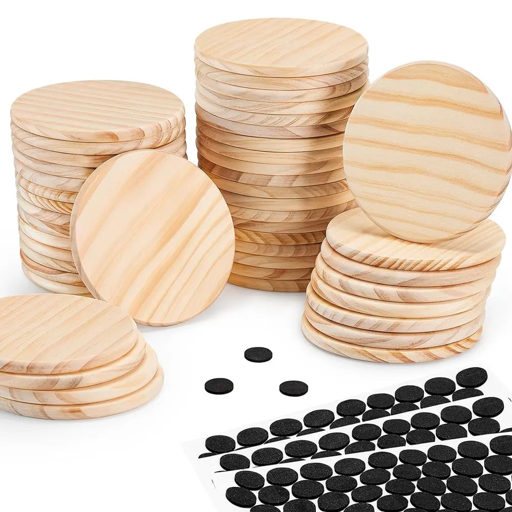 Blank Wooden Round Blocks Craft Supplies Set - Unfinished Decorative Sign, Coasters with Non-Slip Foam Stickers for Carving, Painting - Home Decor Holiday Gift