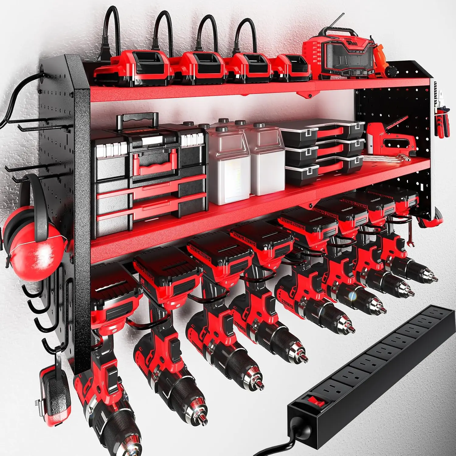 Power Tool Organizer with Charging Station, Built in 8 Outlet Power Strip, Large 8 Drill Holder Wall Mount, Heavy Duty Metal Power Tool Storage Rack Tool Shelf  Garage Organization Red