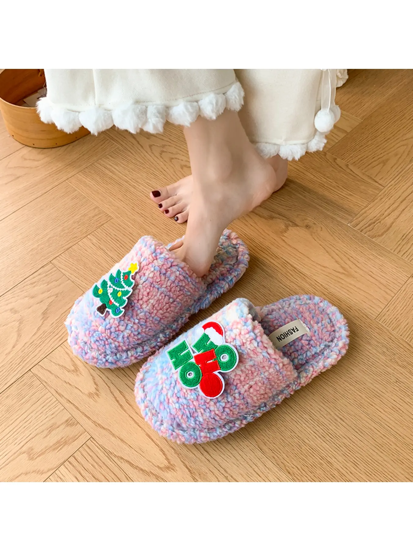 Autumn and Winter Warm Plush Home Cotton Slippers, Women's Trendy Colorful Checkered Open Toed Sports Slippers, 3D Christmas Tree Design Sandals