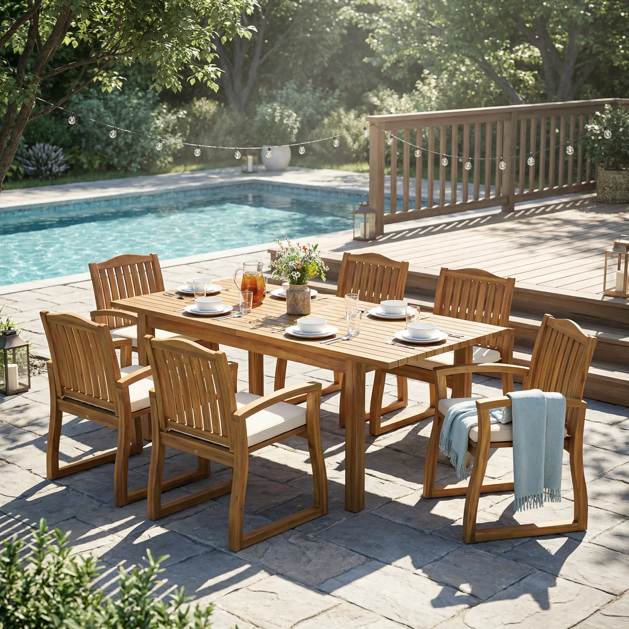 ARCH 7-Piece Solid Finish Acacia Wood Outdoor Dining Set - Modern Teak Finish, Cream Cushions, 6 Chairs, Extendable Dining Table, Patio Furniture Sets for Backyard, Garden Deck, Acacia Wood/Fabric/Polyester Construction, Seats 6, Teak Color Option