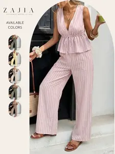 Women’s Summer 2 Piece Pants Set, Sleeveless V Neck Peplum Top, Wide Leg Pants, Lightweight Striped Resort for Vacation, Beachwear