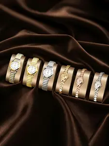 6pcs Women's Comfortable Fashion Minimalist Wristwatch Set, Quartz Wrist Watches, Elastic Band & Chain Watch Combo, Perfect for All Occasions, Ideal Gift