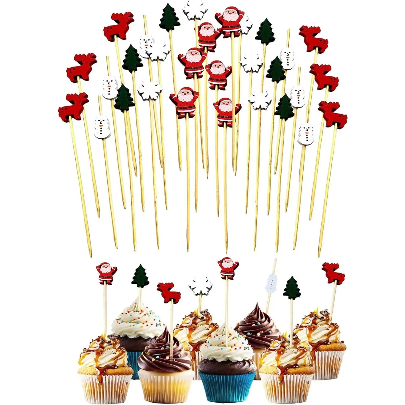 Christmas Themed Bamboo Cocktail Picks with Tree, Santa, Snowflake, Reindeer & Snowman Shapes, Decorative Fruit Dessert Appetizer Toothpicks for Xmas Party Decorations