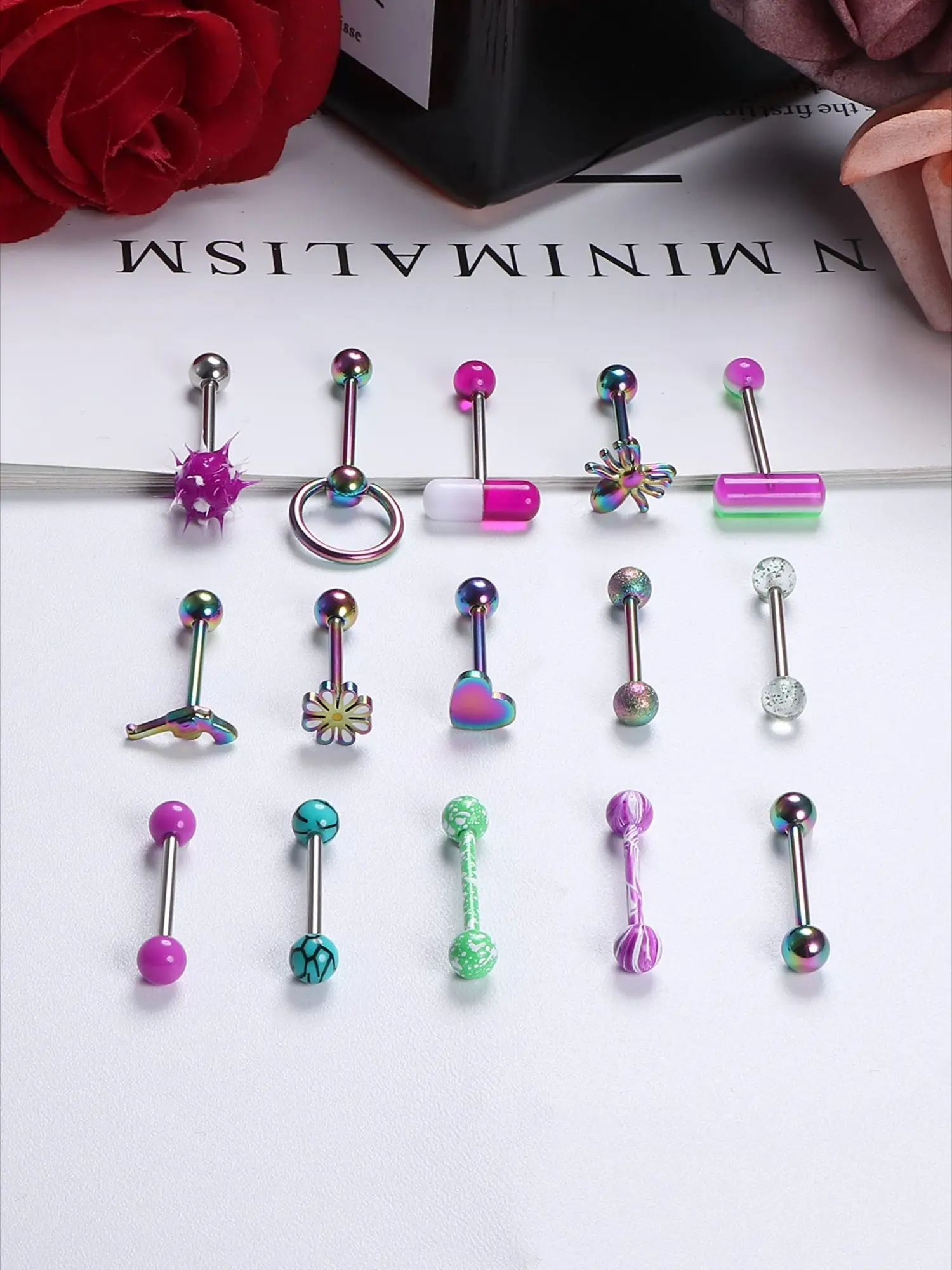 15 Pcs Vibrant Daily Body Piercing Styling Tongue Barbell Set for Unisex Wide Spectrum Vivid Pigmented Color Palette 316L Stainless Steel Acrylic Jewelry Set Ideal for Extended All-Day Piercing Wear Timeless Oral Piercing Double Straight Barbells
