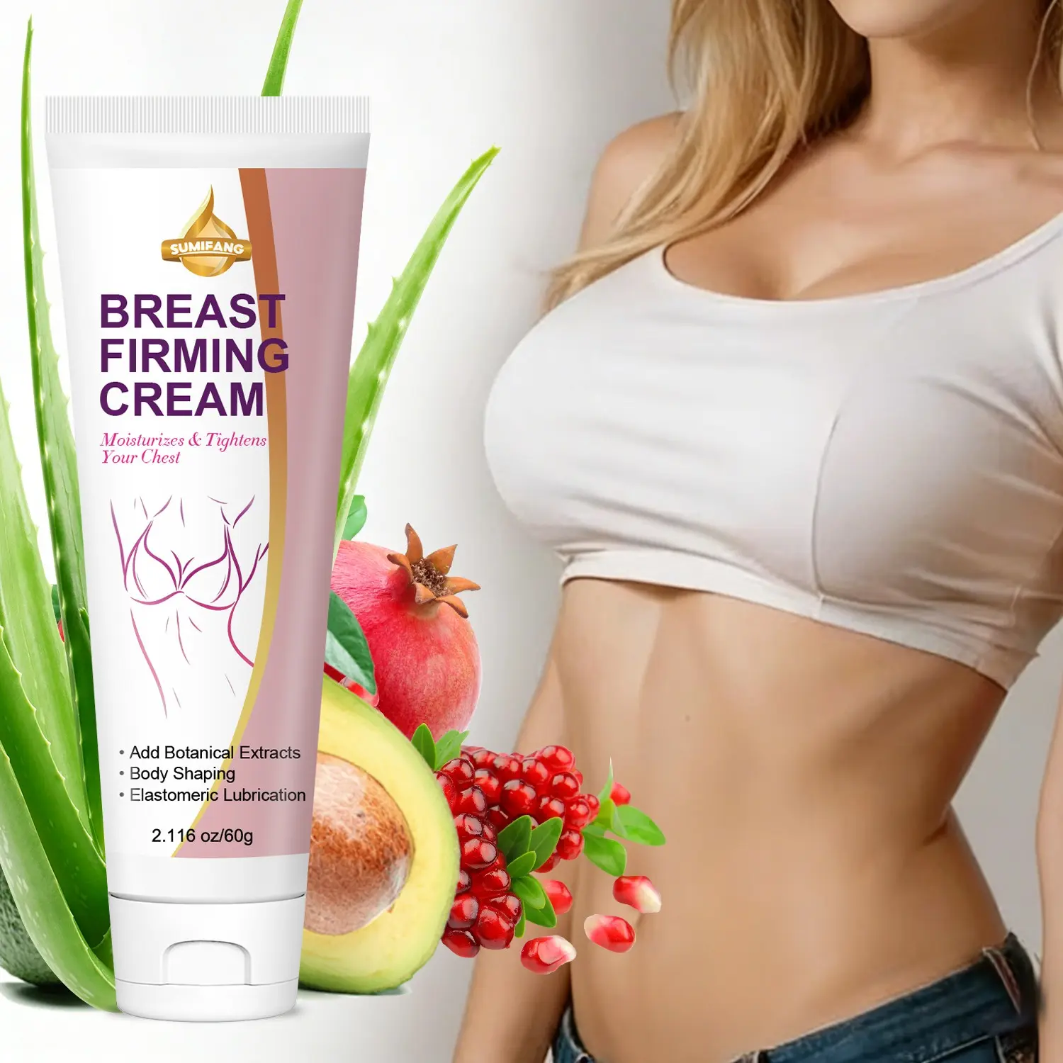 SUMFANG Breast Firming Cream 60g – Aloe Vera + Avocado Oil + Pomegranate Extract – Firms and moisturizes, creating a fuller bust – Shaping & elasticity enhancement – ​​Suitable for women as a massage cream after showering – Moisturizer