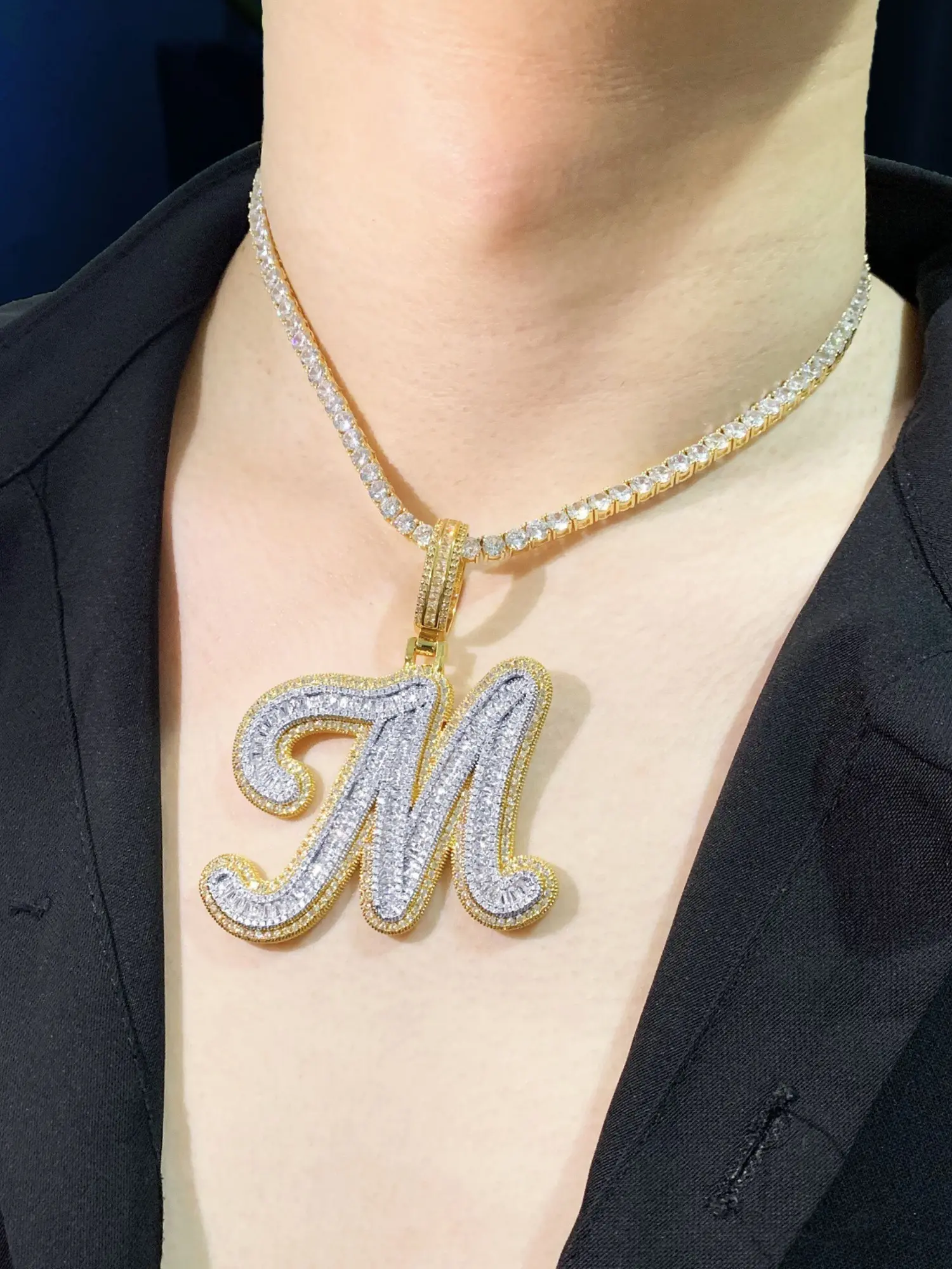 Hip-Hop Street Style Letter Pendant Necklace, Copper-Plated Square Zircon, Durable and Sparkling, Unisex Fashion Jewelry