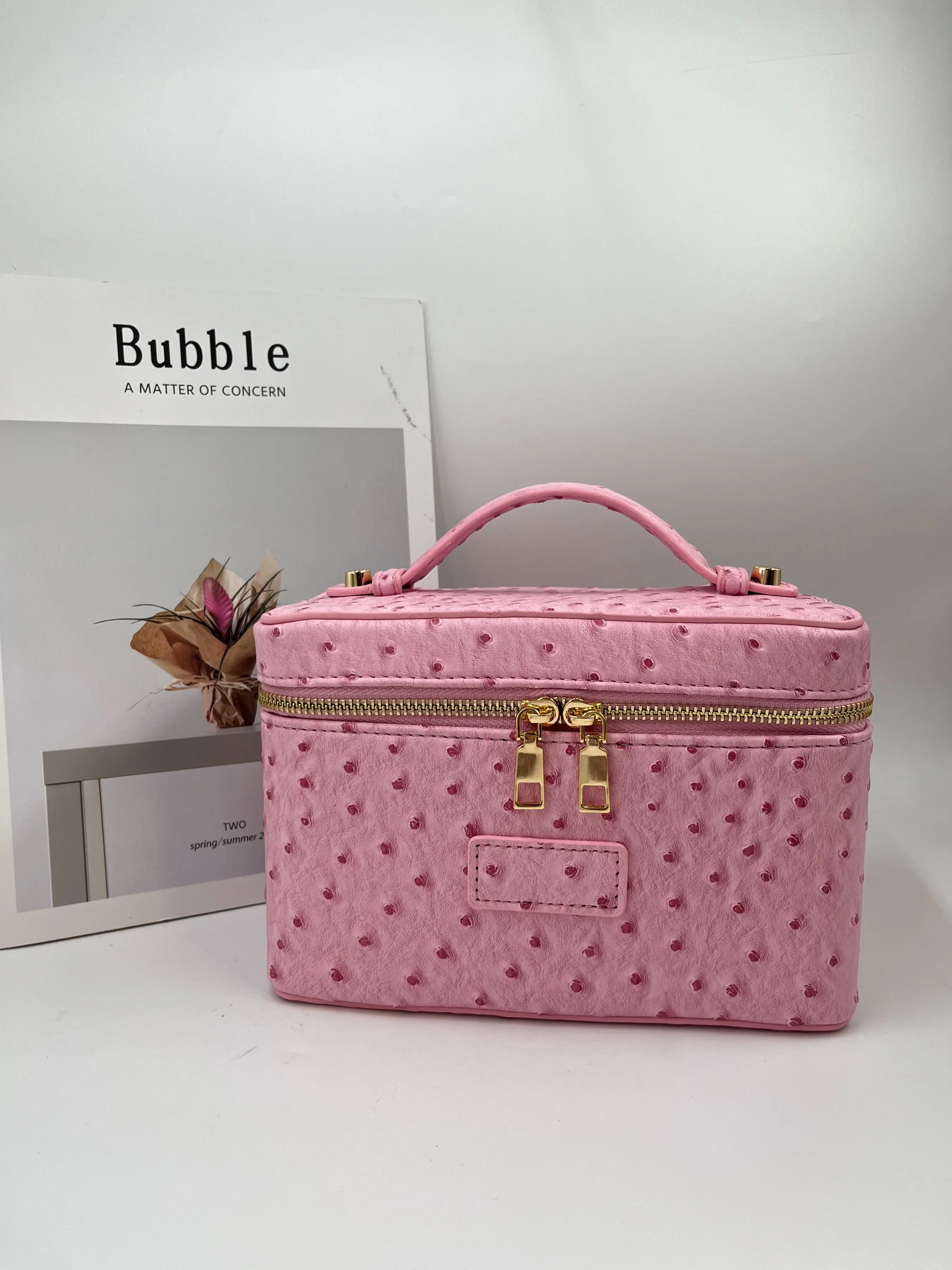 New Fashion Ostrich Pattern Makeup Bag, Handheld Leather Cosmetic Pouch, Cosmetics Bag, Portable Travel & Daily Use, Waterproof Mini Square Case