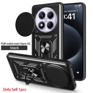 Case for Xiaomi Redmi Note 14 Pro 4g, Durable Armor Shockproof Anti-Drop, Hidden Push-Pull Lens Cover, Magnetic Stand, Multi-Angle Adjustable Ring for Xiaomi Redmi Note 14 Pro 4g Case