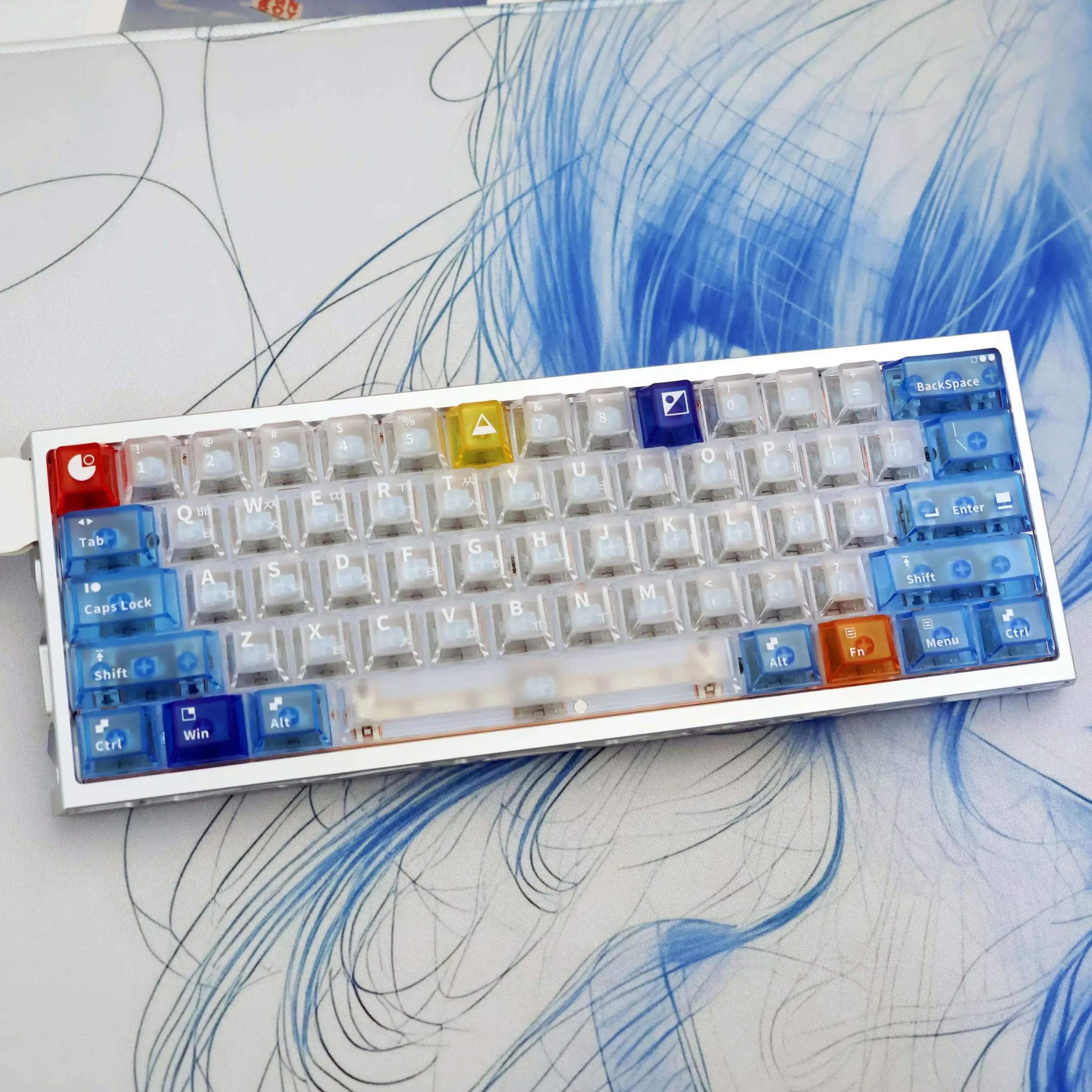 128 Key Mondrian Style Korean Letter Keycaps, PC Transparent UV Process, Cherry Outline Design, Compatible with Mx Axes, Fits Various Keyboard Models, Easy To Install