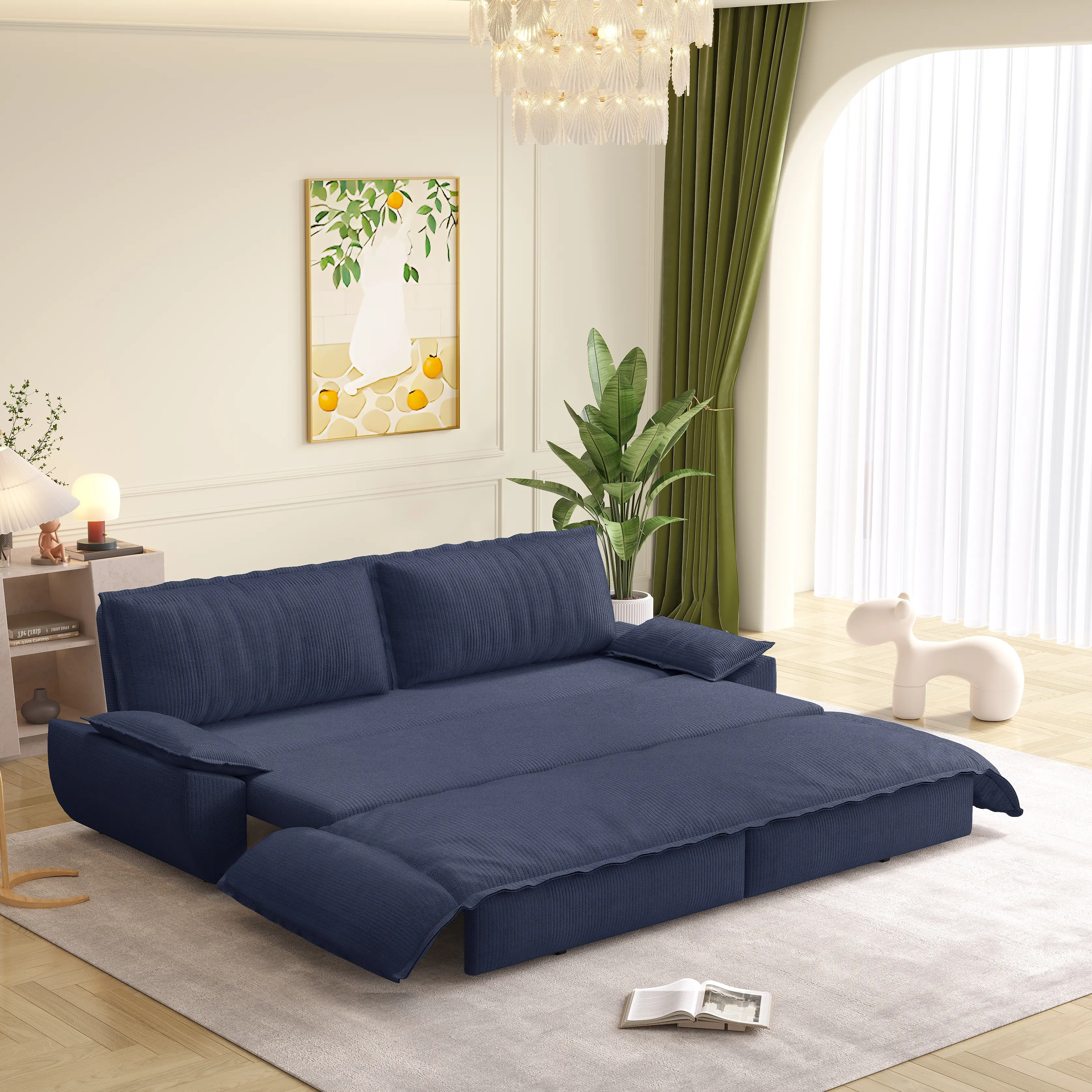 ARCH 3-in-1 Convertible Sleeper Sofa Bed Queen Pull Out Couch Loveseat with Chaise, Blue Corduroy Upholstered Living Room Furniture, Space Saving Guest Bed for Bedroom, 73.2"L x 33.1"W x 36"H, Blue Color Options, Corduroy Material