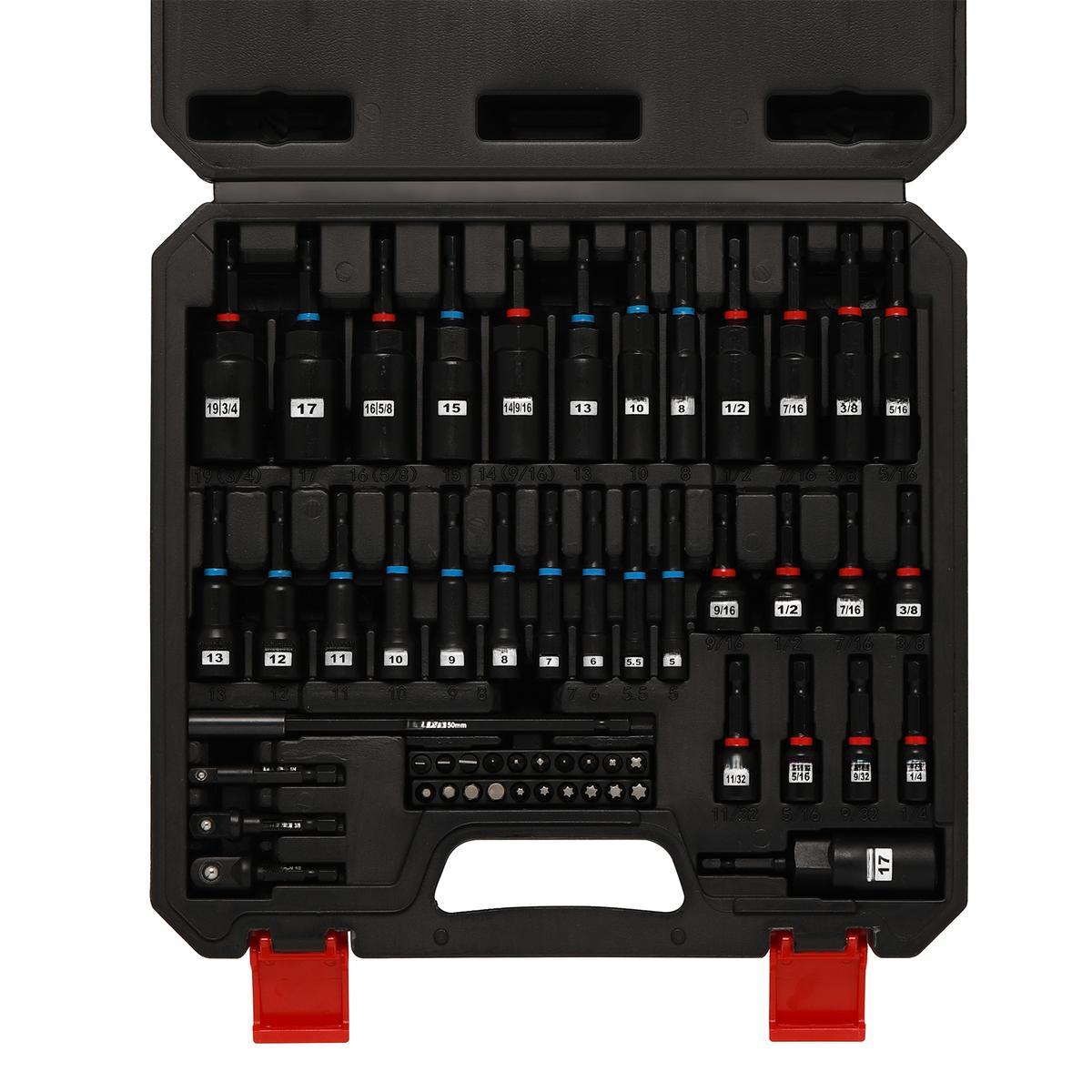 55-Piece Magnetic Nut Driver Set for Impact Drill Deep & Shallow Metric & SAE Includes Screwdriver Bits Bit Extension Bar Socket Adapters & Wing Nut Driver Tool Box