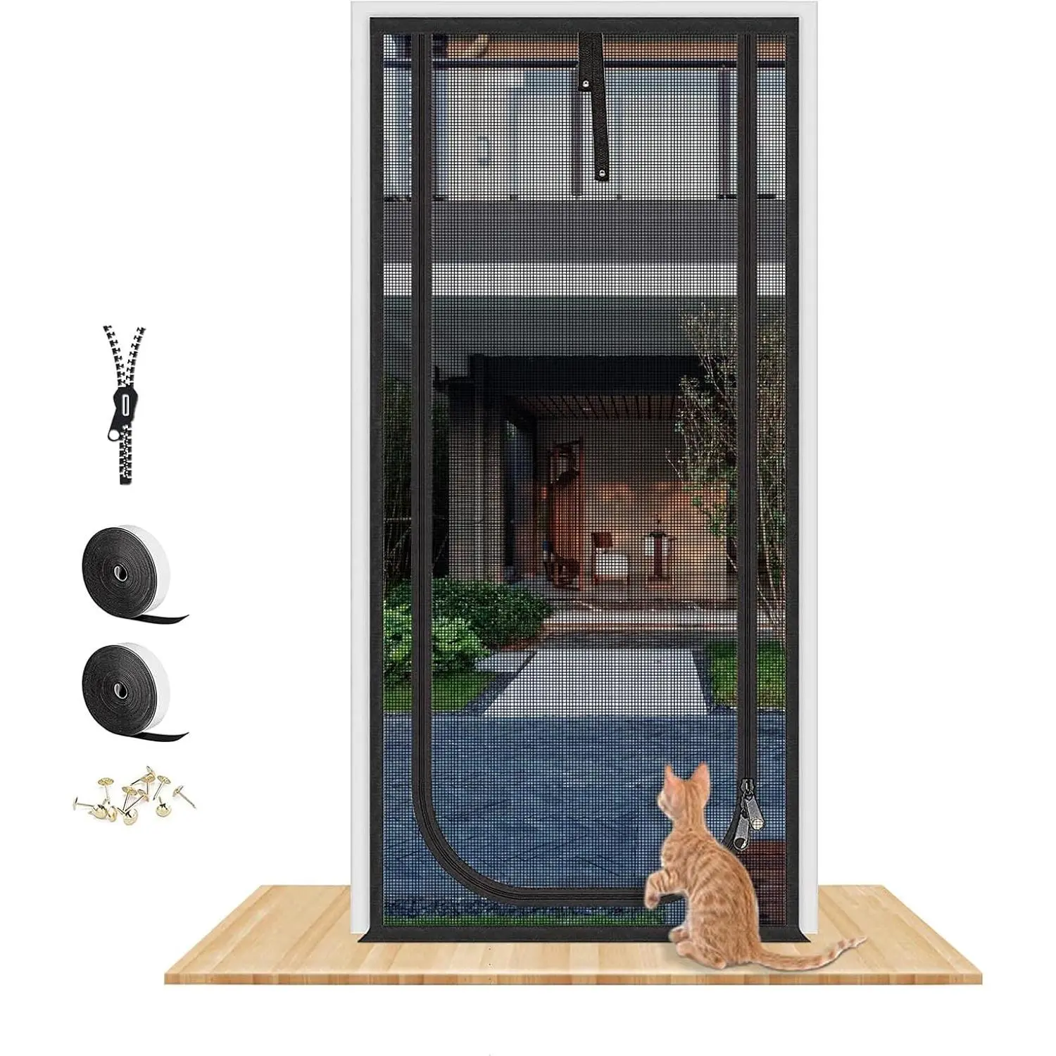 Reinforced Cat Proof Mesh Screen Door, Fits 32'' x 80'' Door Openings, U-Type Black Thickened Screen Door with Zipper Closure for Living Room, Kitchen, Bedroom