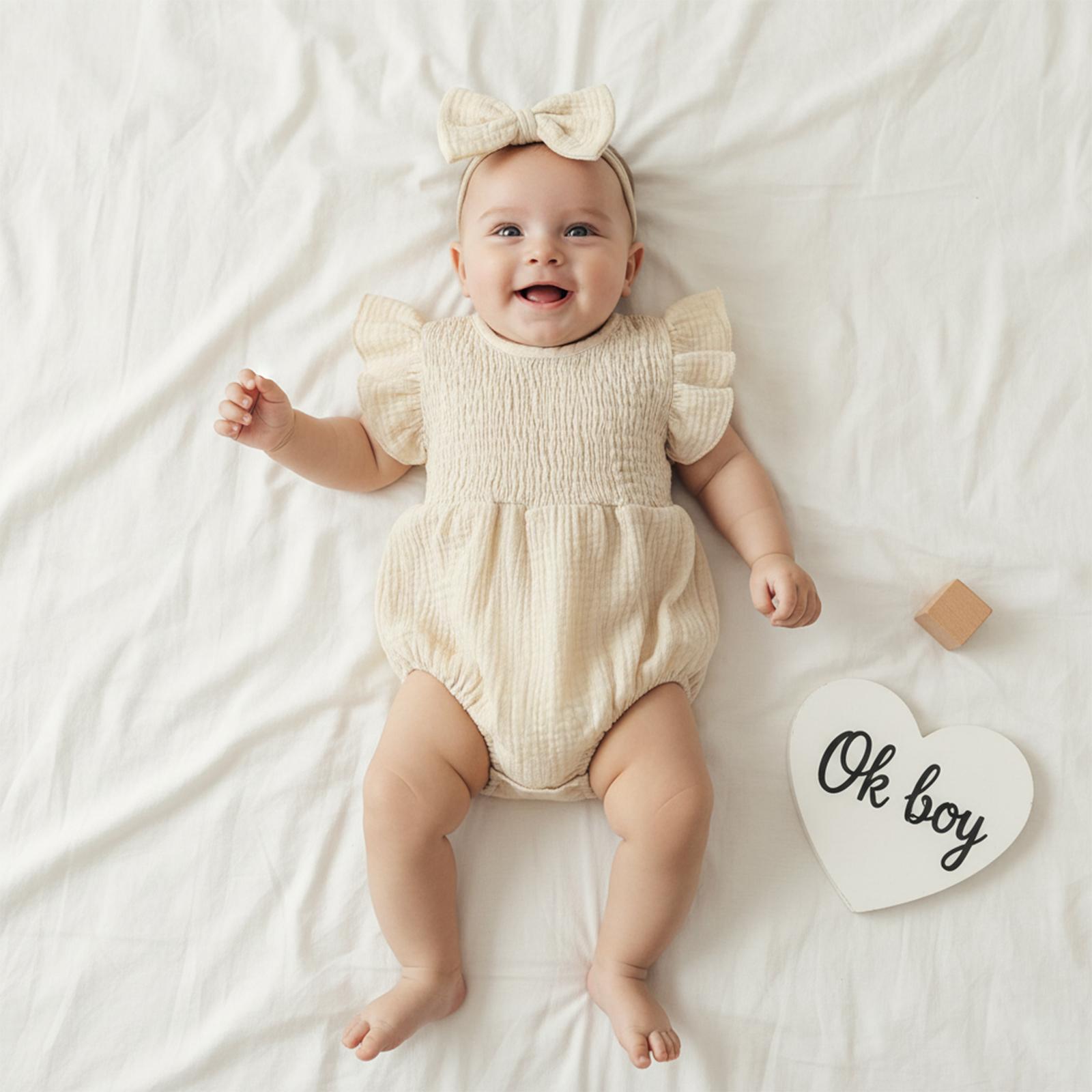 Newborn Baby Girl Romper Ruffle Sleeve Solid Smocked Bubble Romper Jumpsuit Bow Headband Cute Infant Summer Clothes Newborn Baby Girl Romper Ruffle Sleeve Solid Smocked Bubble Romper Jumpsuit Bow Headband Cute Infant Summer Clothes
