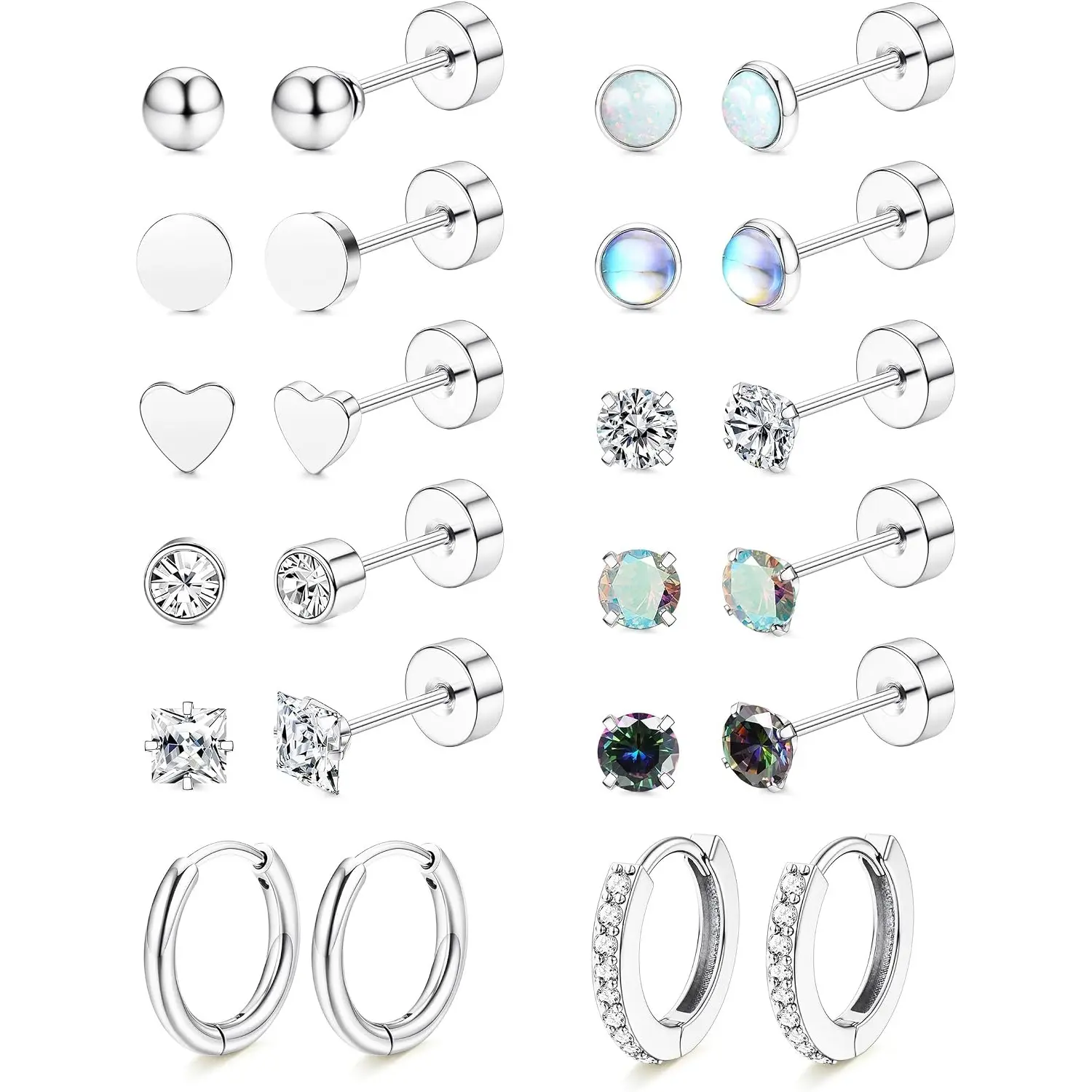 Fansilver Hypoallergenic Flat Back Stud Earrings for Sensitive Ears Women Stainless Steel Cartilage Earring Stacks,20G Small Hoop Flatback Studs,Tragus Helix Piercing,Mens,12 Pairs Earring Set