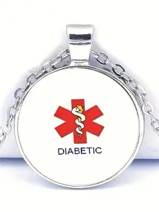 1PC Fashion DIY Zinc Alloy Jewelry Diabetes Medical Alert Glass Pendant Necklace, Unisex Emergency Medical Warning, Unique Gift for Diabetic Patients