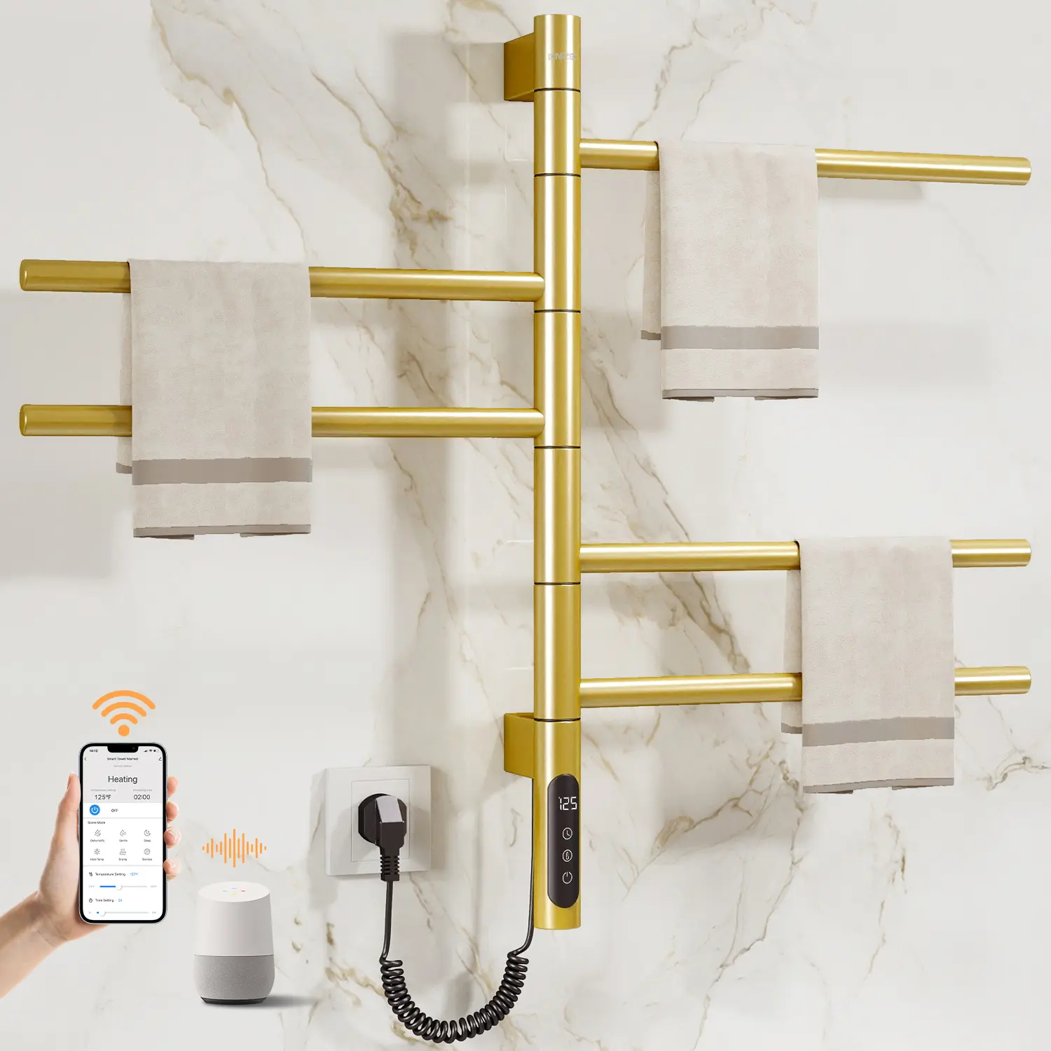 ENZE Modern Wall-Mounted Stainless Steel Electric Towel Warmer, 5-Bar Smart Rotatable Heated Towel Rack, Wi-Fi App Control, 24H Timer, IPX5 Rating, Hardwired/Plug-in Option