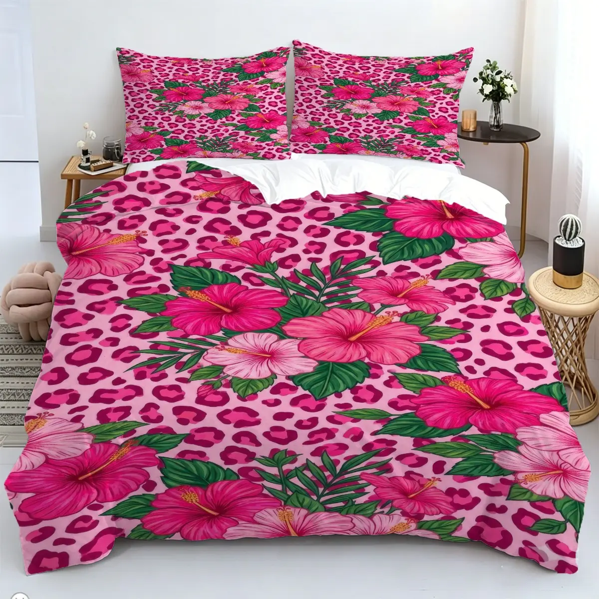 2/3pcs Bright Pink Leopard And Hibiscus Print Duvet Cover Set; Tropical Hawaiian Floral And Cheetah Print Bedding; Soft And Breathable; Y2k Style; Includes 1 Duvet Cover And 1/2  Coreless Pillowcases; Zipper Closure; Suitable For Bedroom Bedding.
