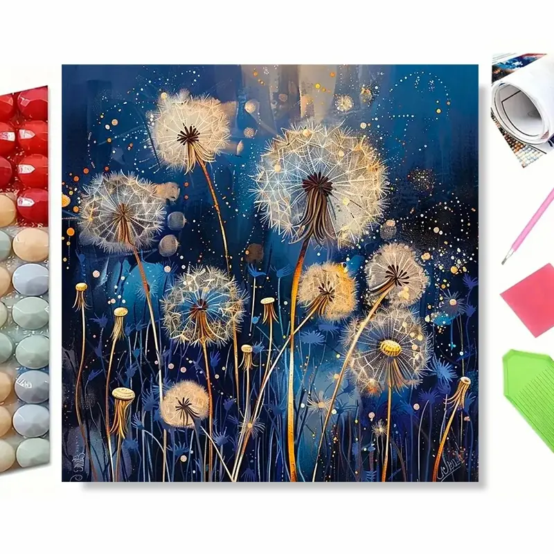 5D DIY Full Round Drill Diamond Painting Kit, Blue Background Golden Dandelion Glitter Floral Diamond Art, Elegant Wild Flower Rhinestone Embroidery Wall Decor, Relaxing Handcraft Gift for Home Decoration