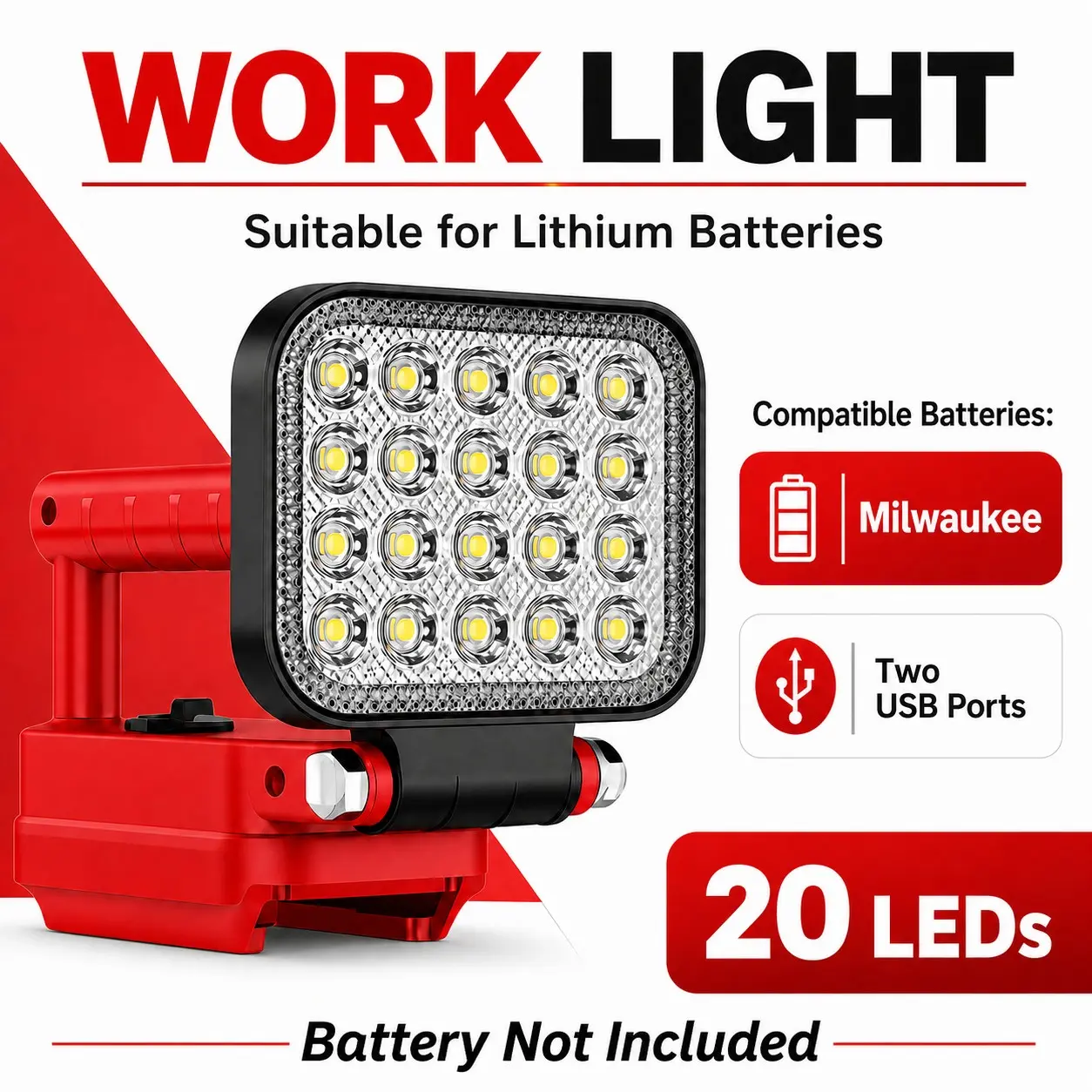Wireless LED Work Light for Milwaukee 18v Battery, 12w 1500lm Wide Beam, Dual USB Charging Ports, Ideal for Emergency, Workshop, Garage