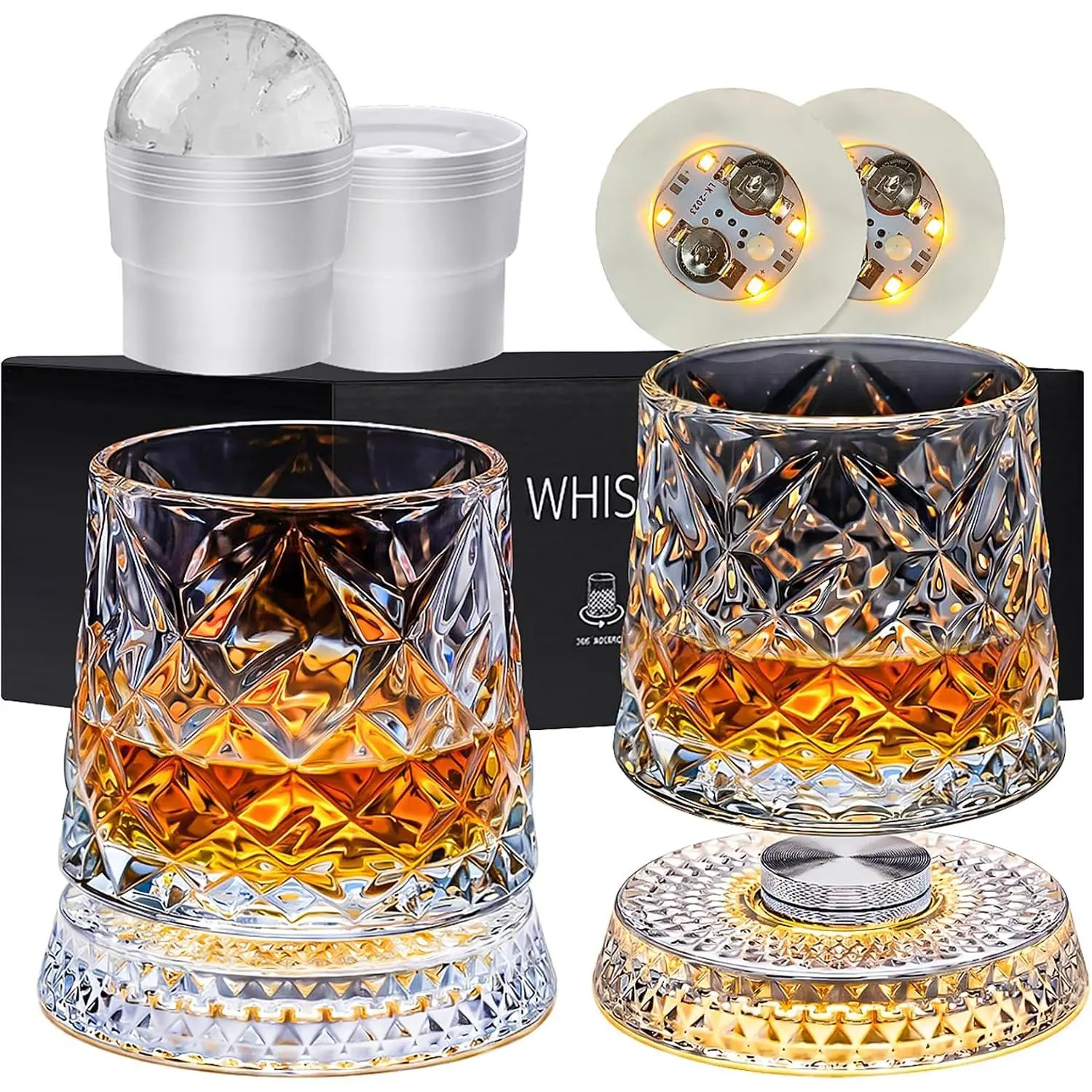 Spinning Whiskey Glasses Set of 2, 9.5oz Lead-Free Crystal Old Fashioned Rocks Glasses with 360° Rotating Bases, 2 LED Lights & Ice Ball Molds, for Bourbon, Scotch, Whiskey, Cocktails - Men Gift