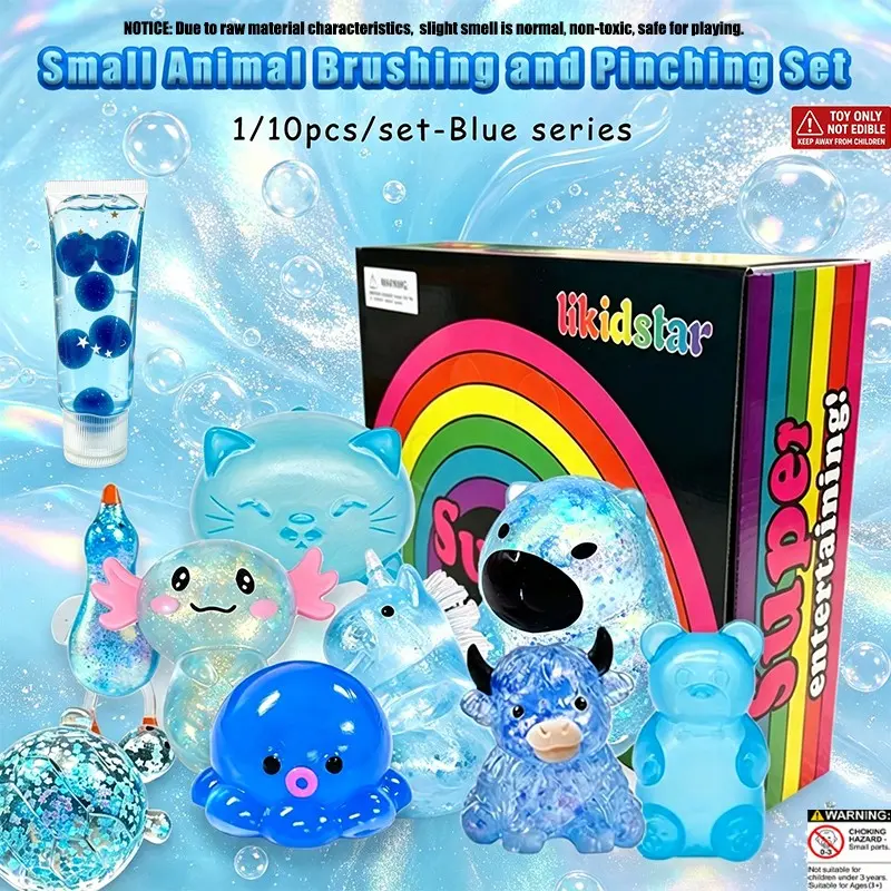 1/10pcs - Blue series small animal morning kneading set, ASMR， Sensory anxiety relief, cute toys, travel stress relief squeeze toys, suitable as gifts for girls, parent-child companionship gifts, Squishy Sensory Play