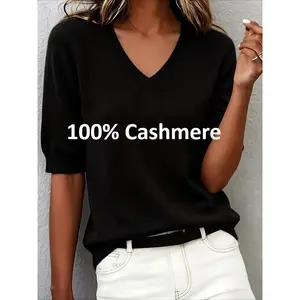 100% Cashmere Slim-fit Women's Lightweight Summer Top |   V-neck Short-sleeve Shirt, Slim Fit, Quiet and Luxurious Style, Suitable for Office and Business Casual Wear