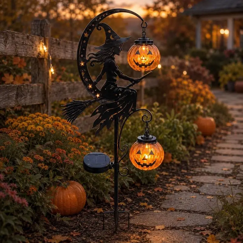 Solar Witch Garden Stake Light, Metal Witch Courtyard Decoration with Pumpkin LED Lantern, Outdoor Halloween Lamp