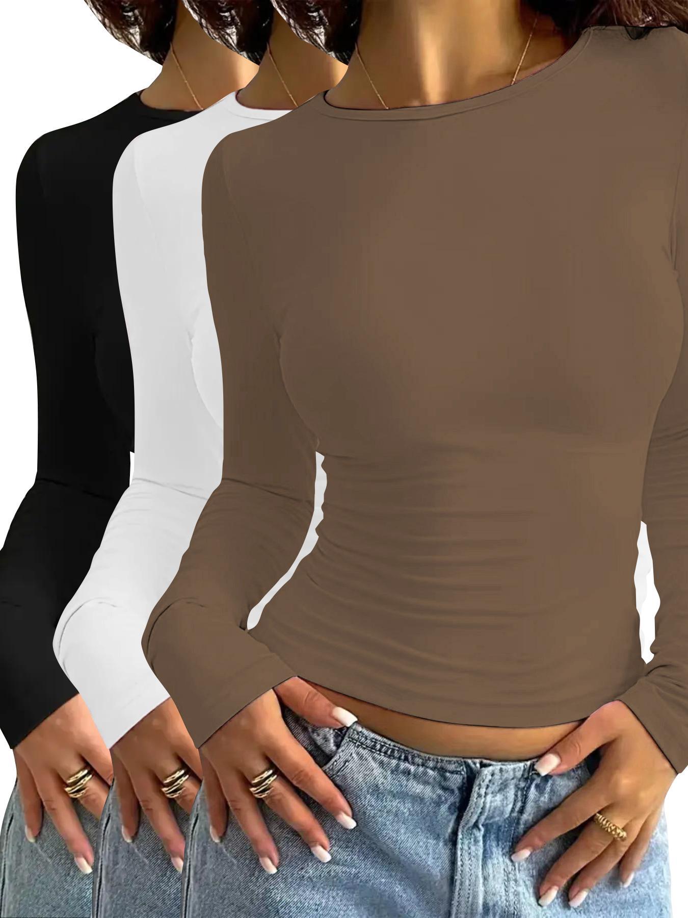 Women's Solid Long Sleeve Lounge Tops, Classy Casual Comfy Knitted Fabric Round Neck T-shirt for Daily Nightwear, Pyjamas for Women, Ladies Sleepwear for All Seasons, Crewneck Sleepwear for Women, Clothing, Womenswear, Casual Comfy Stretchy