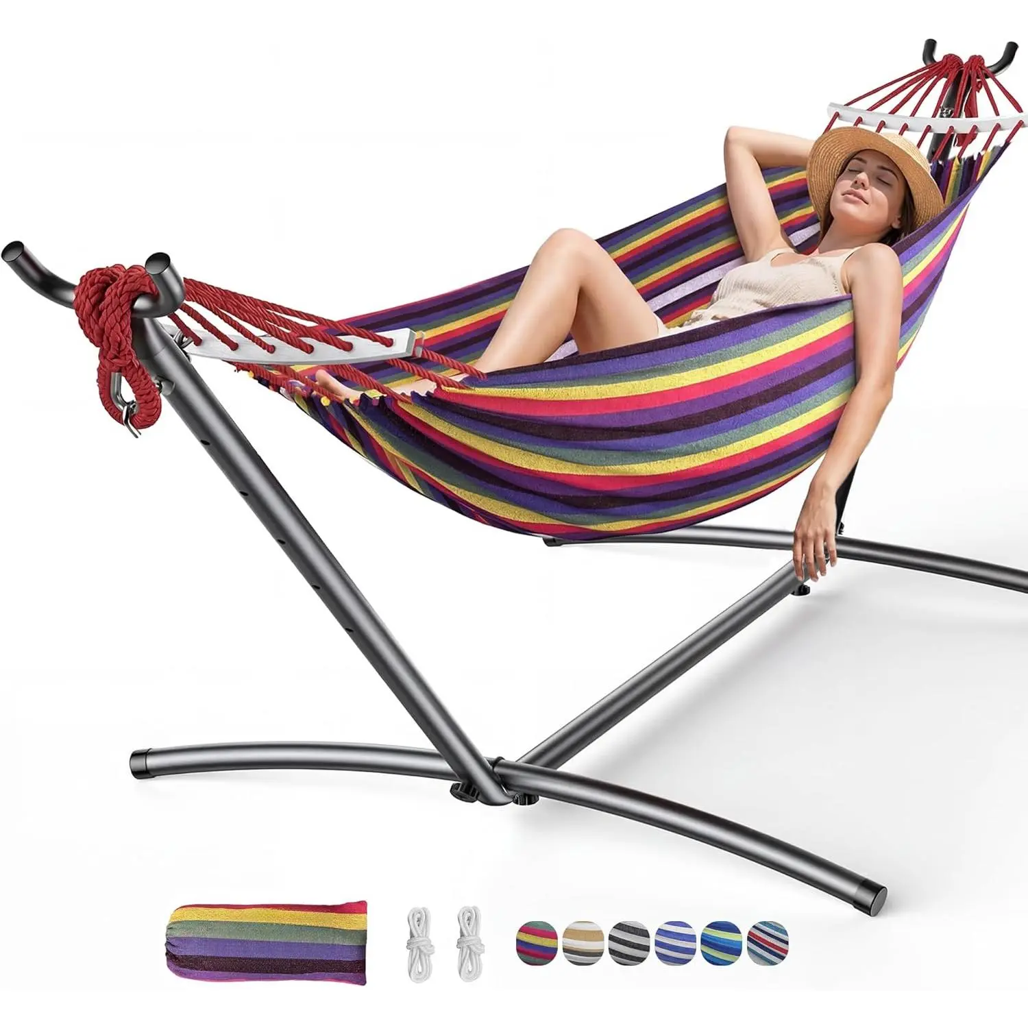 Double Hammock with Heavy-Duty Steel Stand,Portable,Easy Assembly,600lbs Weight Capacity,Perfect for Indoor,Yard,Camping,or Outdoor-Rainbow