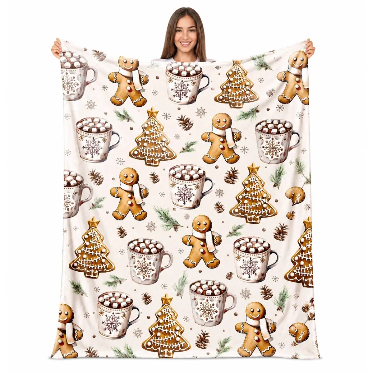 Christmas Gingerbread Throw Blanket, Cute Gingerbread Cookie & Hot Cocoa Print Fleece Blanket, Cozy Holiday Blanket for Couch Sofa Bed, Soft Warm Christmas Decor Gift for Family Kids Friends