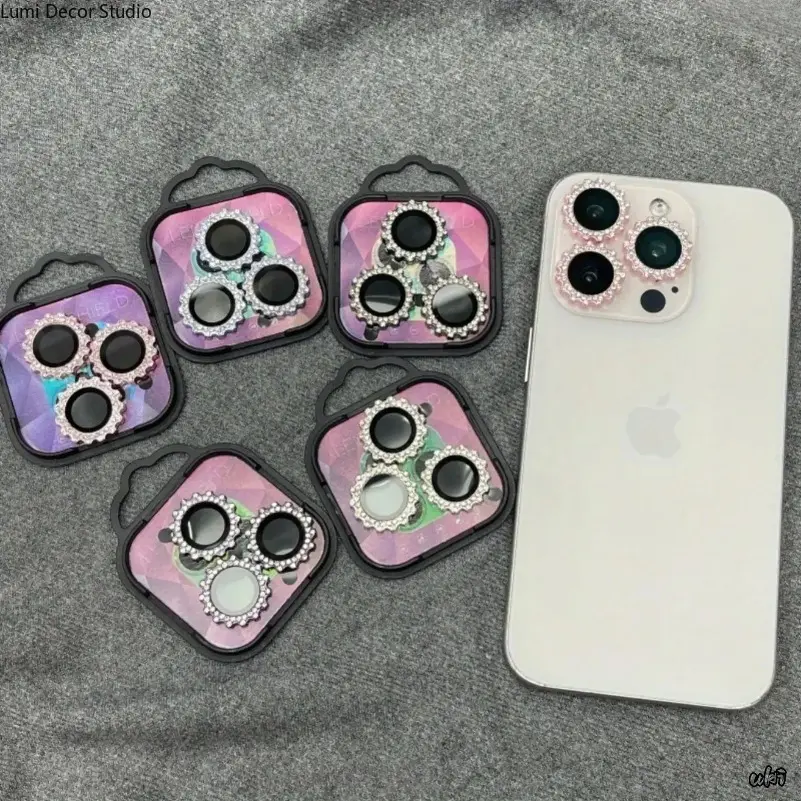Gear-Shaped Rhinestone Camera Lens Protector Set - Tempered Glass Cover with Flash Support for 11-17 Series Phones Daily Protection