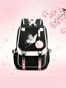 Gradient Silver Butterfly Print Backpack, Multi-Layer Design, Adjustable Straps, Zip Closure, Nylon Material, Unisex, Ideal Gift