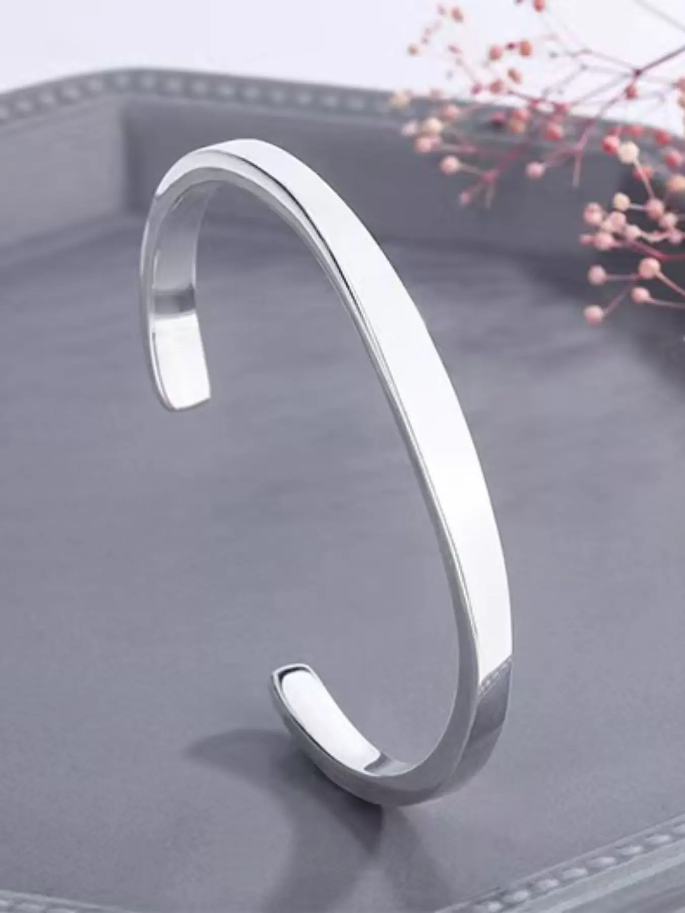 Women's 925 Sterling Silver Fashion Smooth Bangle, Elegant Solid Open Cuff Bracelet, Simple Fresh Thin Design, Perfect Gift