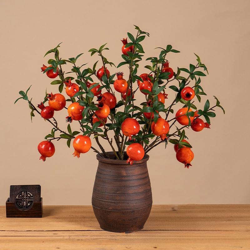 Artificial flower 6-headed pomegranate branch with pomegranate fruit ornament for housewarming, New Year's decoration, home living room floor decoration