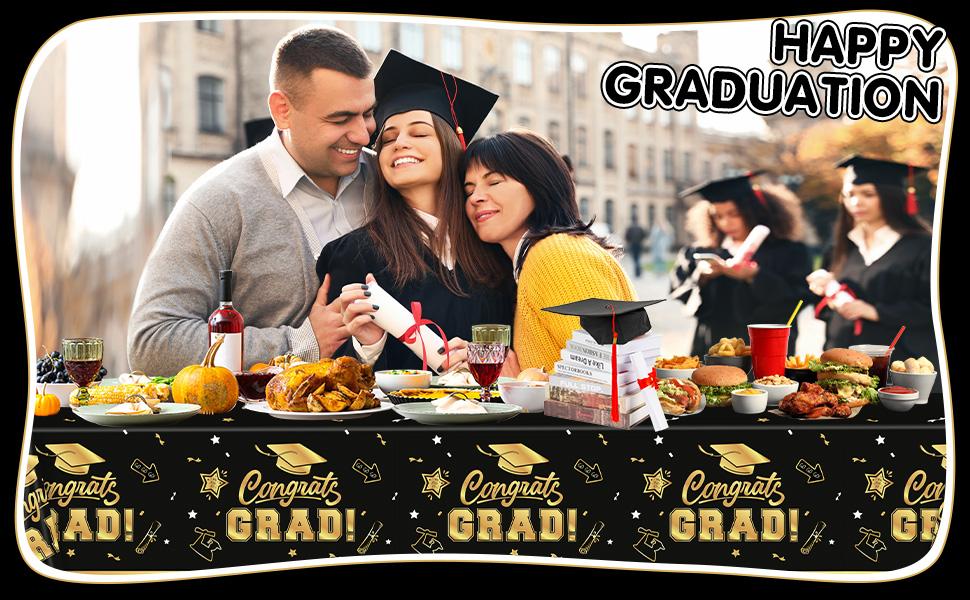 2 Pack Graduation Tablecloth - Congrats Grad Table Cloths, Plastic Disposable Rectangle Black Gold Class of 2026 Table Cover for Graduation Tables Decorations Party Decor Supplies Favors,108 x 54 Inch